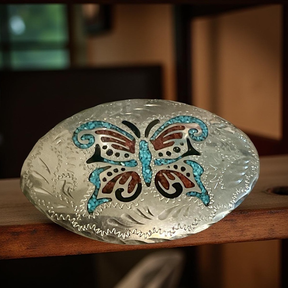 Turquoise & Coral Butterfly Western Belt Buckle
